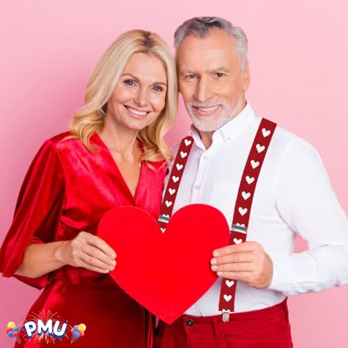 PMU Valentine’s Day Heart Suspenders Adjustable Suspender Set for Adults, Boys and Girls Y Back Clip Suspenders for Outfit Photography (Red) Pkg/13