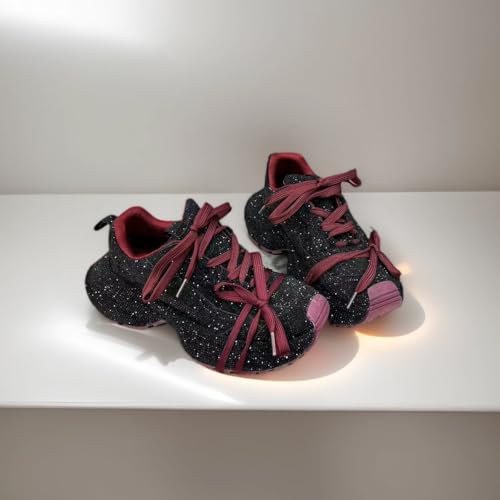 Women Chunky Sneakers, Full Rhinestone Dad Shoes, Thick Sole Height Increasing Bow Tie Straps Girls Shining Footwear3