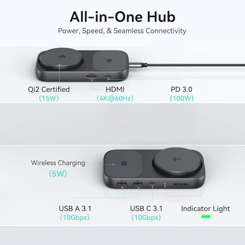 Image of MOKiN USB C Hub 15W Wireless Charger, Qi2 Certified Magsafe Charging Stand with 4K@60Hz HDMI, 100W PD, 10Gbps USB C /A, and 5W Charging Pad, Laptop Docking Station for MacBook /Windows