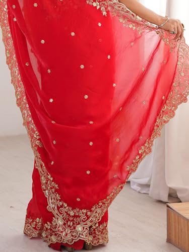 Image of AKHILAM Women's Shimmer Satin Sequence Embroidery Saree With Unstitched Blouse Piece(AARYAN21401 KR Parent)