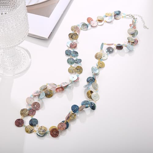 Layered Necklaces for Women, Multi Strand Boho Long Beaded Statement Piece with Shell & Coin Chunky Details4