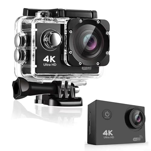 Glewi Cámara de acción impermeable 4K Ultra HD con WiFi, estabilización de imagen, soportes para casco y bicicleta para vlogging (negro)