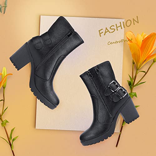 Centropoint Women's Fashion Chunky Heel Ankle Boots Goth Side Zip Buckles Knight Boot Ladies Party Round Toe Combat Booties(Black Pu, Numeric_9) #TOP1