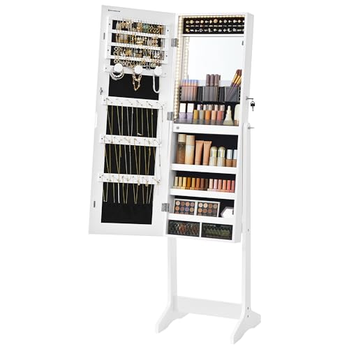 SONGMICS Armario Joyero con Espejo, Organizador de Pie, sin Marco de Cuerpo Entero, Luces LED, Maquillaje Incorporado, 2 Cajones, Cerradura, Blanco Nube JJC023W01
