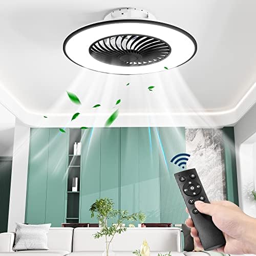 KAMLAM Bladeless Ceiling Fan with 3-Color Dimmable Light, 22" Modern Enclosed Multi-Speed Low Profile Ceiling Fans with Remote Control, for Bedroom/Dining Room/Kitchen Flush Mount (Black)