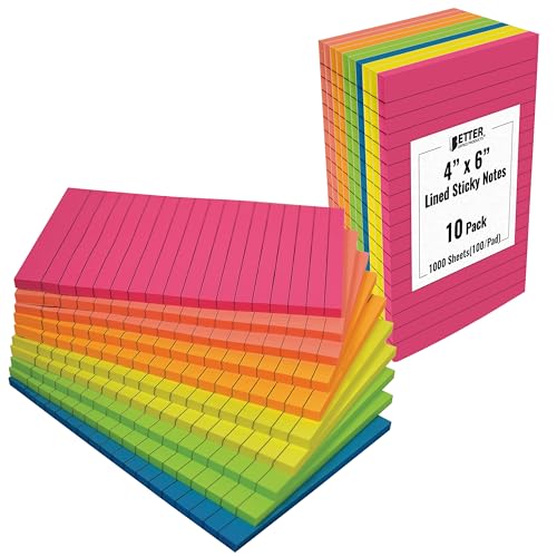 Better Office Products Lined Sticky Notes 4x6, 10 Pack (500 Sheets), Lined Post It Notes 4x6 Assorted Bright Colors, Strong Adhesive, Large Notes for Office School Memos