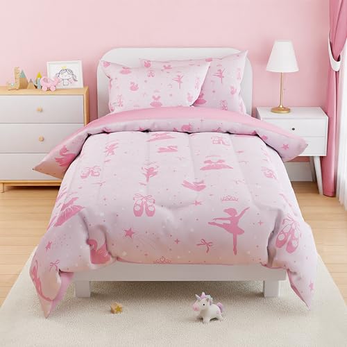 Image of SANDJEST Ballerina Comforter Set Full Size 98x86in for Kids Girls, Microfiber 4 Pcs Bedding Set Includes 1 Comforter, 2 Pillowcases, 1 Fitted Sheet, Nursery Room Decor