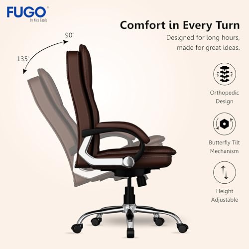 Image of FUGO FG112 Ergonomic Office Chair,Adjustable Height,Cushioned Back&Seat,Tilting Mechanism,Heavy Duty Metal Base,Dual Nylon Casters,Comfortable Desk Chair for Work,Home Office,3-Year Warranty.(Brown)