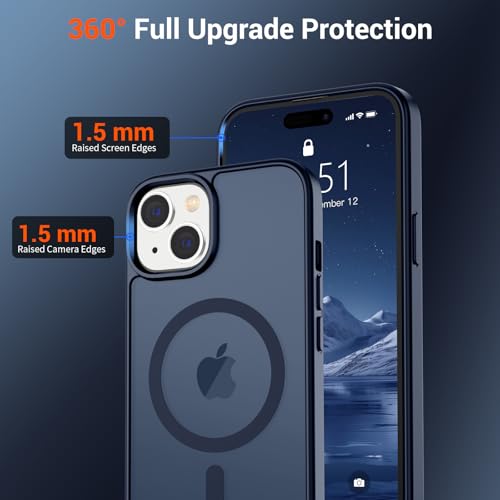 Image of SUPFINE Magnetic for iPhone 15 Case with Screen Protector (Compatible with MagSafe) (Military Grade Drop Protection) Translucent Matte Shockproof Phone Cover,Dark Blue