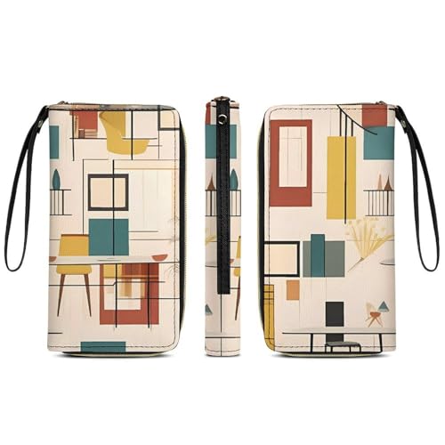 Mid Century Modern Leather Wallet Smooth Zip Around Clutch Wristlet Travel Long Soft Purse for Women3