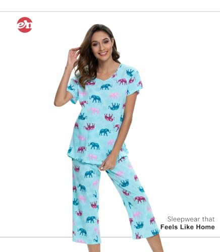 Image of ENJOYNIGHT Womens Pajama Sets Cotton Pj Set Short Sleeve Top With Capri Pants Sleepwear 2 Piece Lounge Set