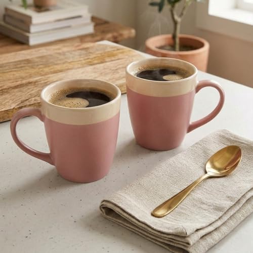 Image of The Earth Store Pink Beige Flow Coffee Mug with Lid and Spoon Set of 2 | 340ML Ceramic Coffee Mugs Set of 2 | Resin Art Wooden Lid & Golden Spoon | Premium Coffee Mugs for Gift