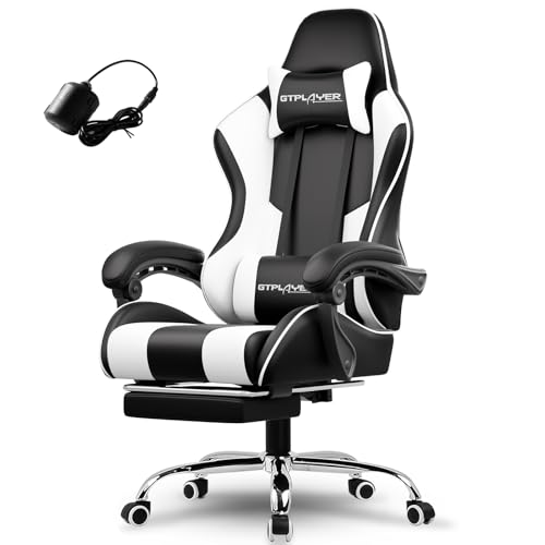 GTPLAYER Gaming Chair, Computer Chair with Footrest and Lumbar Support, Height Adjustable Game Chair with 360°-Swivel Seat and Headrest and for Office or Gaming (White)