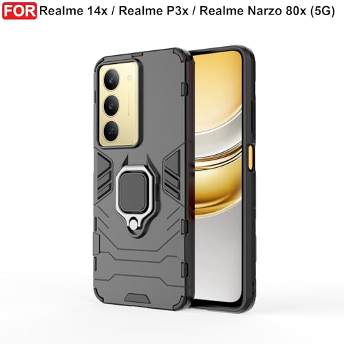 Image of CEDO Kickstand Cover for Realme 14x / Realme P3x / Narzo 80x (5G) Rugged Case | Built-in Stand Rotating Ring Holder | Military Grade Armor Bumper Back Cover (Black)