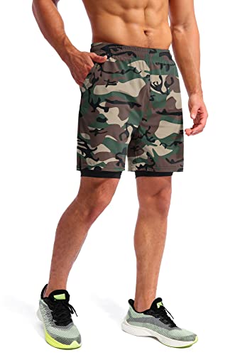 Image of Pudolla Men's 2 in 1 Running Shorts 5 inch Quick Dry Gym Athletic Workout Shorts for Men with Phone Pockets