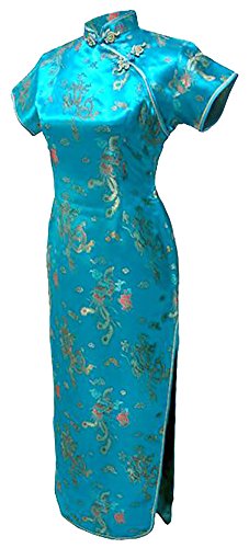 7Fairy Women's VTG Turquoise Dragon Long Chinese Dress Cheongsam Size 8 US