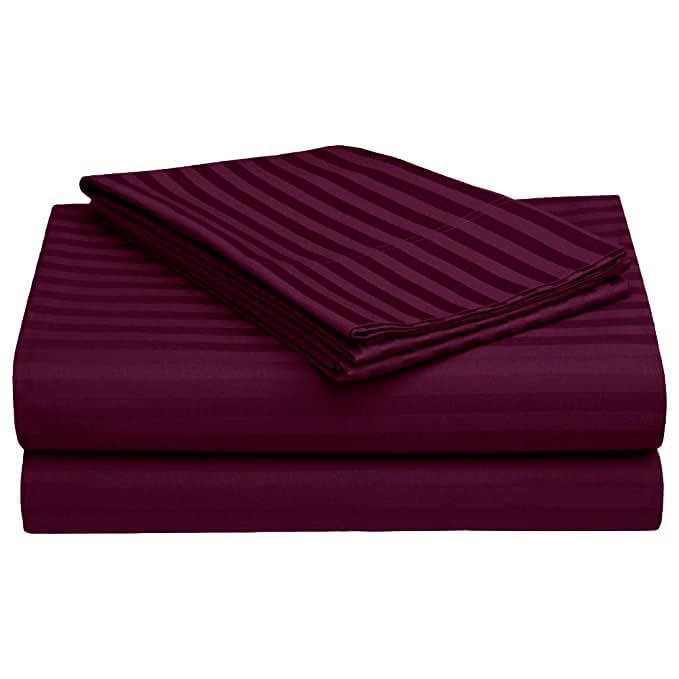 Image of DECOR2ADMIRE 300 TC Premium Glace Cotton All Round Elastic Fitted Plain Stripe Pastel Shades Queen Size Bedsheet with 2 Pillow Covers (Wine, Super King 108 inch x 108 inch)