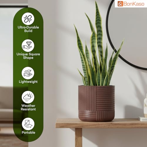 Image of Bonkaso 12 Inch Ribbed Planter Pot for Indoor & Outdoor Use | Round Heavy Duty Polymer Flower Pot | Lightweight Weather Resistant Modern Gamla for Living Room Balcony & Terrace (Brown)