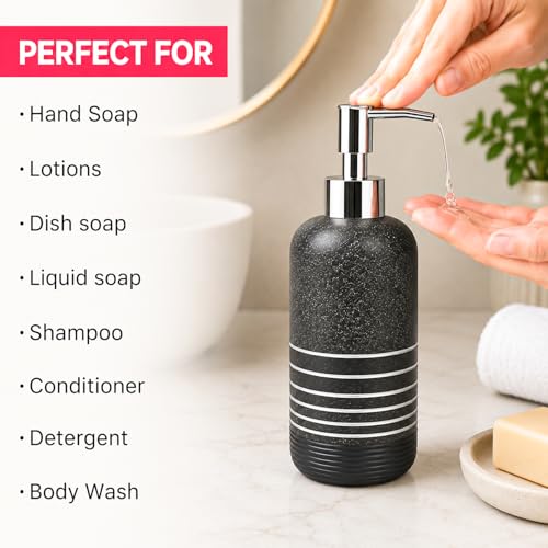 Image of MARKET 99 Grey Polyresin Soap Dispenser Pack of 2 (285 ml Each) | Matte Liquid Soap & Lotion Holder | Round Ribbed Bathroom Countertop Accessory for Vanity, Wash Basin & Hand Wash