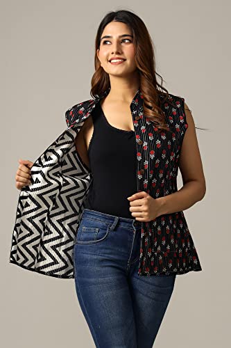 Image of Ravaiyaa - Attitude is everything Women's Floral Printed Reversible Quilted Jacket Coat Blazer Jacket Sleeve Less Waistcoat