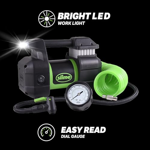 Image of Slime 40031 Tire Inflator, Portable Car, SUV, 4x4 Air Compressor, Pro Power, Heavy Duty, with Analog 150 psi Dial Gauge, Long Hose and LED Light, 12V, 3 min inflation