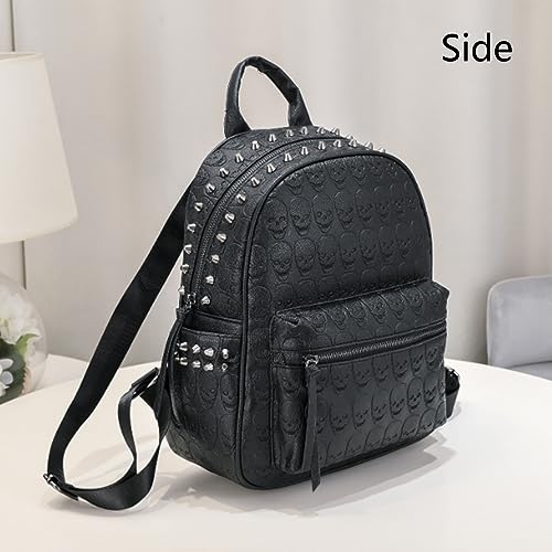 Image of Women Punk Rivets Backpack Skull Printed Daypack Purse PU Leather Shoulder Bags Satchel Black