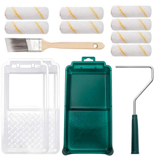 YiBaiBrush Paint Roller Kit, 13 Piece Set, 4 Inch Small Microfiber Roller Covers, Paint Tray with Liners, Paint Brush for Walls, Mini Roller for Painting, Painting Supplies for House Painting