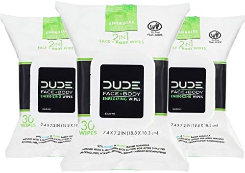 DUDE Face and Body Wipes - 3 Pack, 90 Wipes - Infused with Energizing Pro Vitamin B5 - 2-in-1 Face & Body Wipes - Alcohol Free and Hypoallergenic Cleansing Wipes