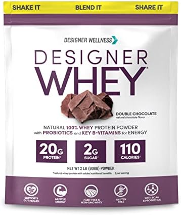 Designer Wellness Designer Whey Natural 100% Whey Protein Powder with Probiotics, Fiber, and Key B-Vitamins for Energy, Gluten-free, Non-GMO, Double Chocolate 2 lb