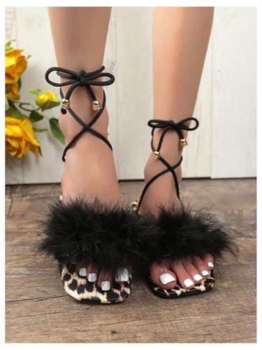 GORGLITTER Women's Leopard Cheetah Print Flat Sandals Lace Up Strappy Fuzzy Dressy Slides Shoes4