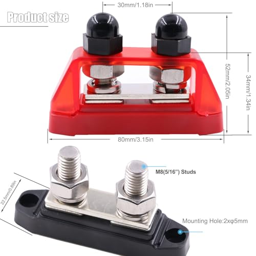 Gloaso 12V-48V DC Sammelschiene 250A Busbar mit Dual M8 Bolzen Klemmleisten Batterie Sammelschienen Erdungsstrom Stormverteilerblöcke 250 Amp Bus Bars für Kfz Solar Boot LKW PV, Rot & Schwarz 2 Stück