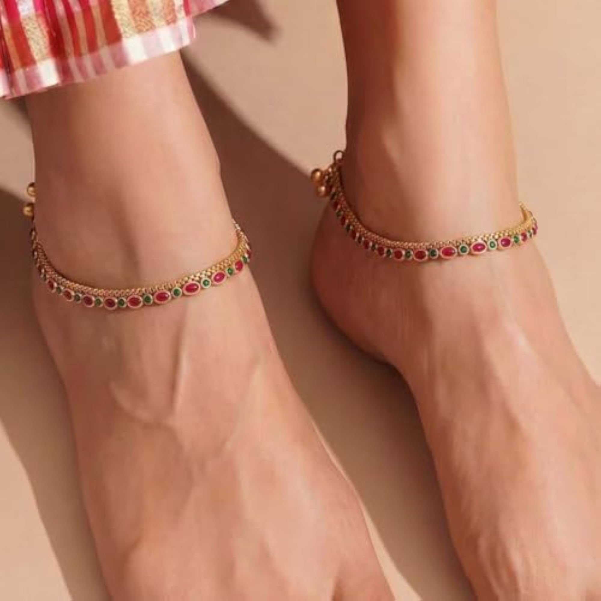 Rani Pink Green Gold Plated Ethnic Anklets Payal for Women