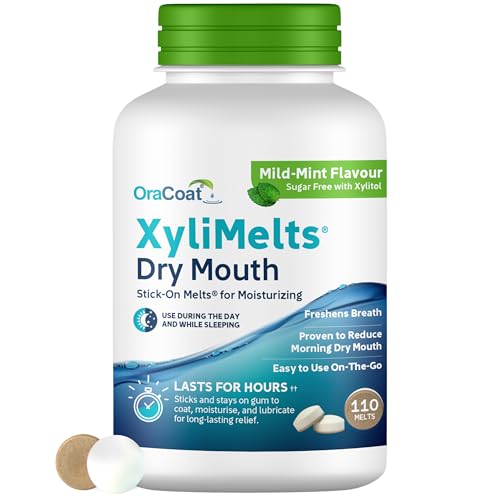 XyliMelts Dry Mouth Relief Discs Mild Mint (110 Count) Xylitol Oral Adhering Tablets for Day or Night Long-Lasting Dry Mouth Relief & Saliva Support