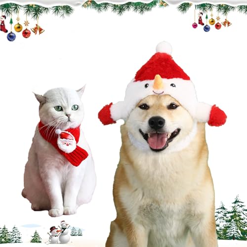 Lyneun Christmas Dog Santa Hat with Scarf, Festive Christmas Holiday Accessory Christmas Dog Scarf with Santa Claus Adjustable Pet Warm Headgear Doggy Neck Costume Set for Cats and Small Dogs (Red)