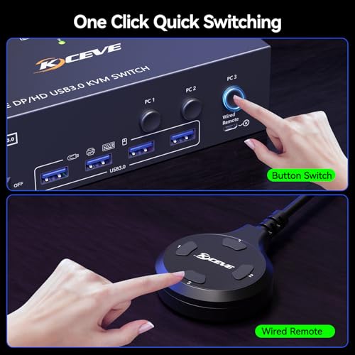 KVM Switch 3 Monitors 3 Computers 8K@60Hz 4K@144Hz, HDMI+2 Displayport KVM Switch Triple Monitor for 3 PC Share 3 Monitor and 4 USB3.0 Devices,Wired Remote and USB Cables Included - Image 4
