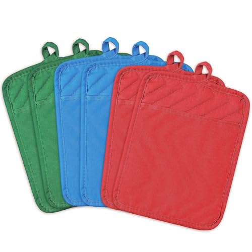 R HORSE 6 Pieces Cotton Hot Pads Heat Resistant Kitchen Pot Holder Pot Holders with Bag for Kitchen Coaster Mats Pot Holders with Pockets for Cooking and Baking (Red Green Blue)