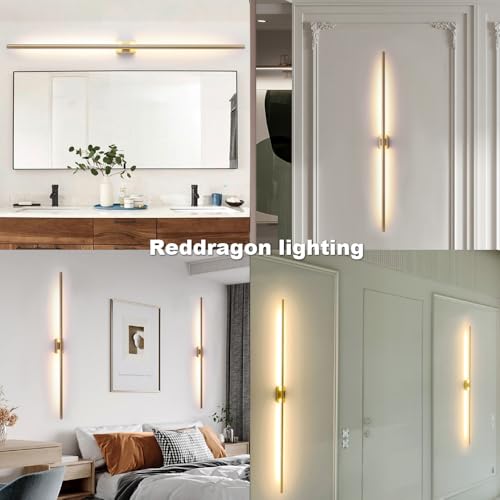 Only Suitable for Small Junction Box Set of 2 Modern Linear LED Wall Light Hardwired 48 Inch Slim Tube Waterproof Vanity Wall Sconce for Living Room Corridor Bathroom (2 Pack, 48'', Gold, Dimmable) by Reddragon lighting - Used condition - Image 3