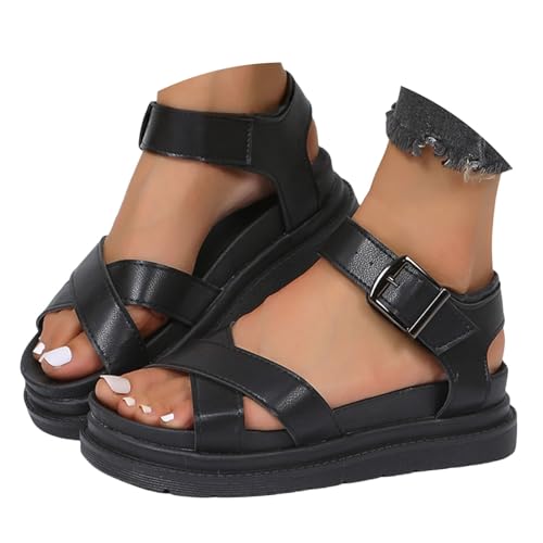 Image of Momolaa Women's Platform Fashion Sandals Crisscross Strap Buckle Ankle Strap Walking Chunky Wedge Ladies Gladiator Sandals UK 5#1# Black