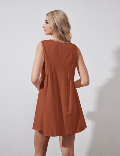 Eutten Womens Summer Sleeveless Mini Dress Casual Loose V Neck Sundress Swing Flowy Beach Dress with Pocket Pleated Dresses Rust - Thumbnail 2