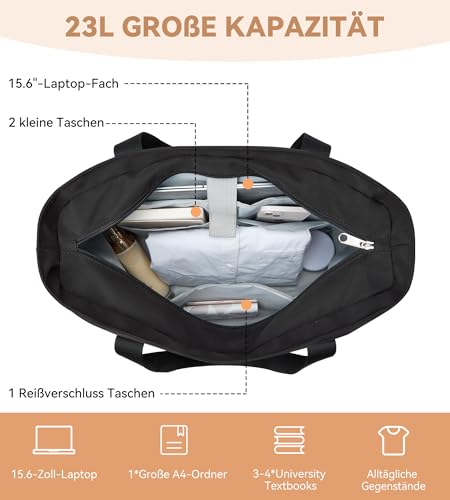 KALIDI Shopper Tasche Damen Groß Handtasche Arbeitstasche Uni Tasche Tote Bag Schwarz für Arbeit, Schule, Büro