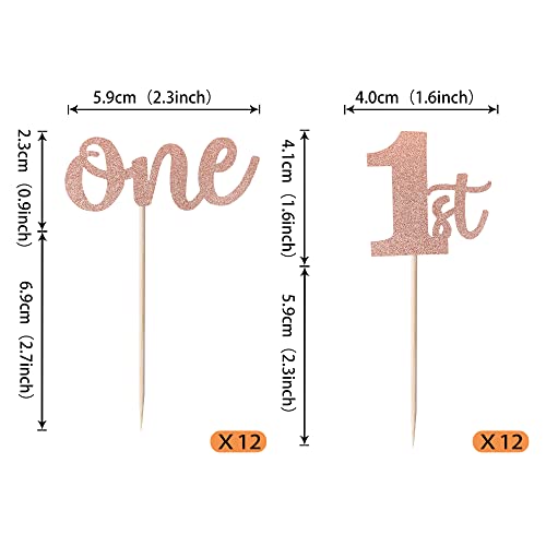 Rsstarxi 24 Pack One Cupcake Toppers Glitter 1st Birthday Cupcake Picks for Baby Shower First Birthday Party Cake Decorations Supplies Rose Gold - Thumbnail 2