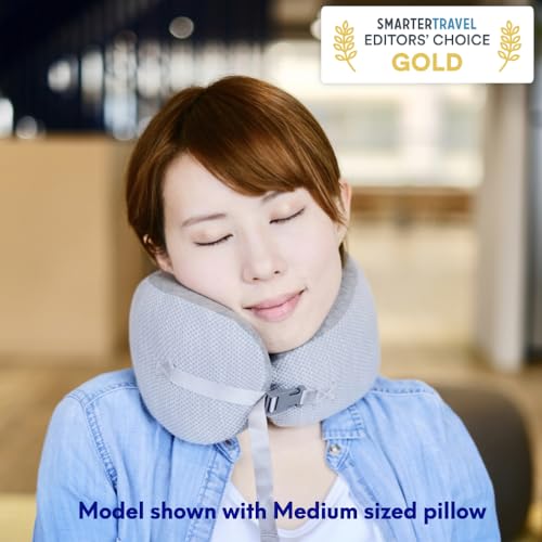 Image of C CUSHION LAB Travel Pillow, Award-Winning Patented Ergonomic Design for Chin & Neck Support Memory Foam Neck Pillow, Compact Airplane Pillow for Traveling, Flight, Car (Gray, Medium)