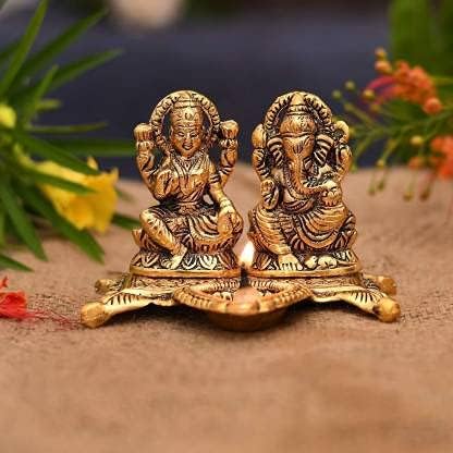 Miniatura 2 de Lord Lakshmi Ganesha Idolo con Diya hecho de metal Laxmi Ganesh lámpara de aceite estatua tradicional para el hogar oficina, templo Diwali Puja