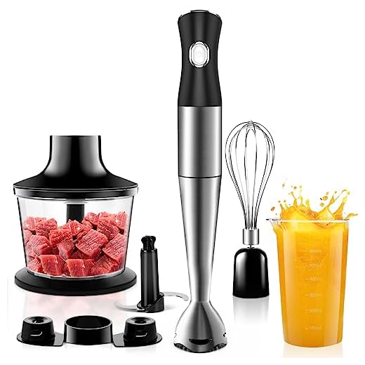 NWOUIIAY Batidora de Mano 1200W Batidora Multifuncional de Acero Inoxidable Infinitamente Variable 6 en 1 con Picadora de 500ml Batidora Eléctrica Vaso Medidor de 600ml sin BPA