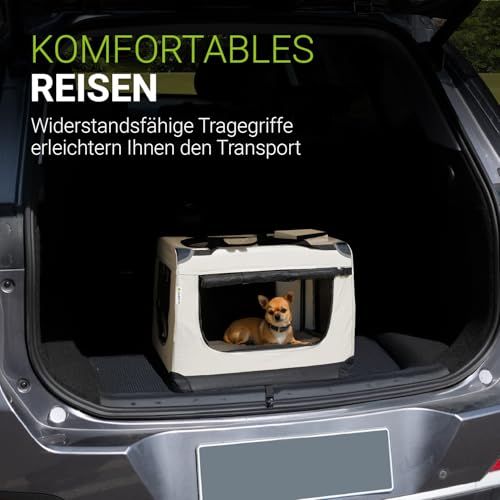 Juskys Hundetransportbox Lassie S faltbar & tragbar 34x50x36 cm mit Decke, Tasche & Griffen - Faltbare Transportbox für Hunde, Katzen & Haustiere - Oxford Stoff Hundebox Auto Hundetasche - Beige