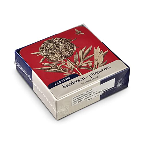 Pimpernel Sanderson Etchings & Roses Red Collection Coasters | Set Of 6 | Cork Backed Board | Heat And Stain Resistant | Drinks Coaster For Tabletop Protection | Measures 4” X 4” #TOP3