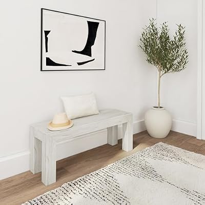 Plank+Beam 49 Inch Dining Bench for Dining Room, Bench for 60 Inch Table Kitchen Dining Seat, Wooden Outdoor Bench, Solid Wood Entryway Bench, White Sand Wirebrush