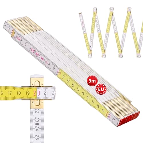 Metrie Zollstock PROFI 15 Gliedermaßstab 3m | Weiß - Gelb | Lackiertes Holz Stahlgelenke Duplex Teilung Hergestellt in der EU | Robuster & Präziser Holz-Gliedermaßstab | CE Kl III | 1 Stück