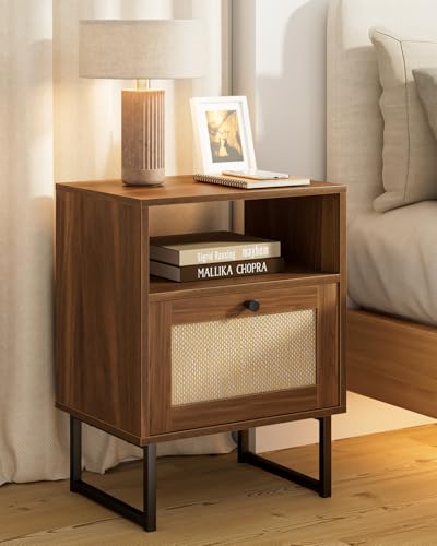 Image of Rattan Nightstand, Mid Century Modern Night Stand,Boho Farmhouse Wood Bedside Table with Storage and Open Shelf, End Side Accent Table for Bedroom,Living Room,Walnut