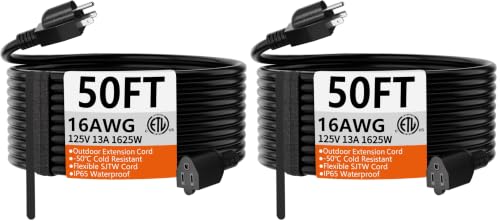 Image of HUANCHAIN 50 FT 16 Gauge Black Indoor Outdoor Extension Cord Waterproof, Flexible Cold Weather 3 Prong Electric Cord Outside, 13A 1625W 125V 16AWG SJTW, ETL Listed (Pack of 2)